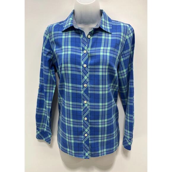 Talbots Size PS Blue Plaid Button Front Roll Tab Sleeve Shirt - Picture 1 of 7